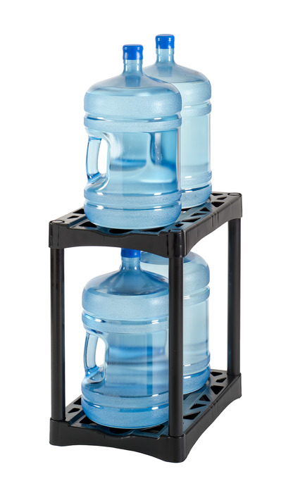 Side view of small black plastic shelf for water bottle storage