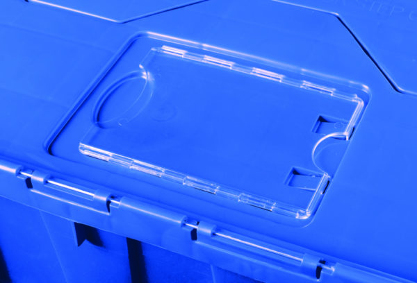 Close up view of label feature of blue industrial heavy duty plastic storage bins