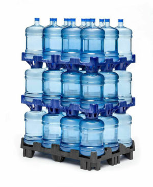 Upright stackable plastic pallet for water bottle storage for transport