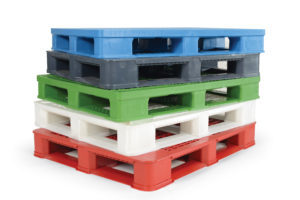 vertical stacked colored plastic pallets