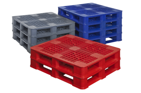Group of stackable plastic pallets in various colors - red, blue, gray