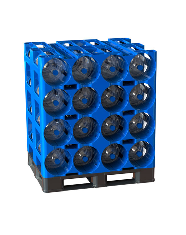 Full view of blue plastic Prostack 4 gallon modular rack