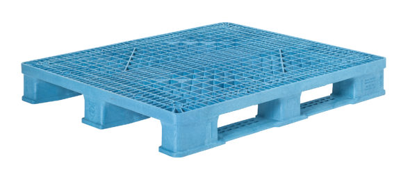 Full view of light blue plastic stackable pallet