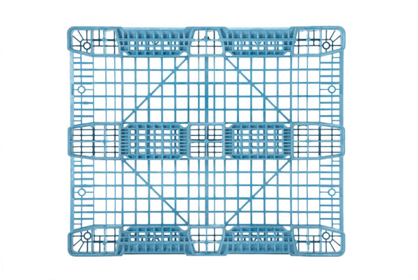 Blue ProGenic NSF 3 Stringer 5" plastic pallet bottom view